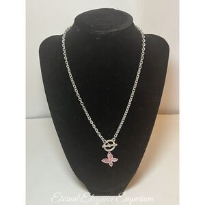 Silver Tone Chain + Pink Stones Encrusted Butterfly Pendant Fashion Necklace